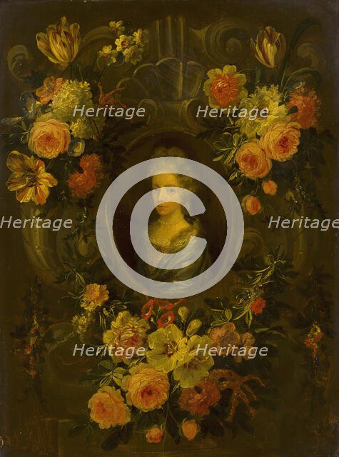 Portrait of a Lady Encircled by a Wreath of Flowers. Creator: Jean-Baptiste Morel.