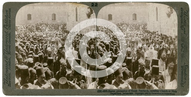 Easter procession of the Greek Patriarch, entering the Church of Holy Sepulchre, Jerusalem, 1903.Artist: Underwood & Underwood