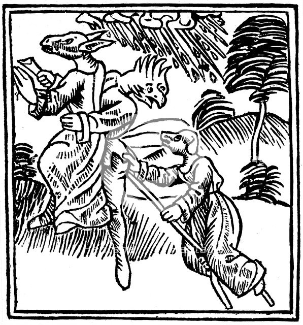 Witches turned into animals as they ride through the air, 1489. Artist: Unknown