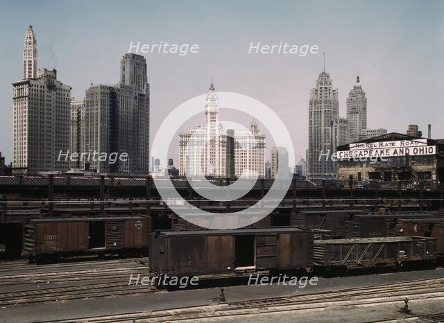 Illinois Central R.R., freight cars at the South Water Street freight terminal, Chicago, Ill, 1943. Creator: Jack Delano.