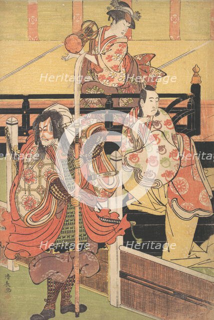 On a Balcony a Woman is Seated Playing a Tsuzumi, below a Man in Daimyo Costume is Sea..., ca. 1790. Creator: Torii Kiyonaga.