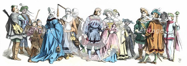 Personages from the time of Maximilian I, late 15th century, German engraving 1860.