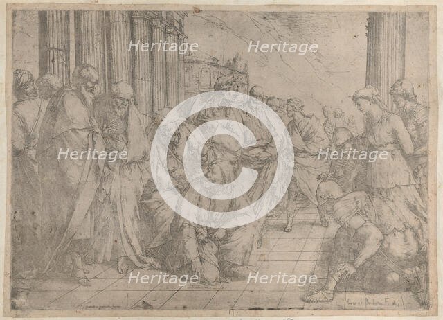 Christ kneels and writes on the pavement at center, while the woman taken in adultery stan..., 1653. Creator: Luca Giordano.