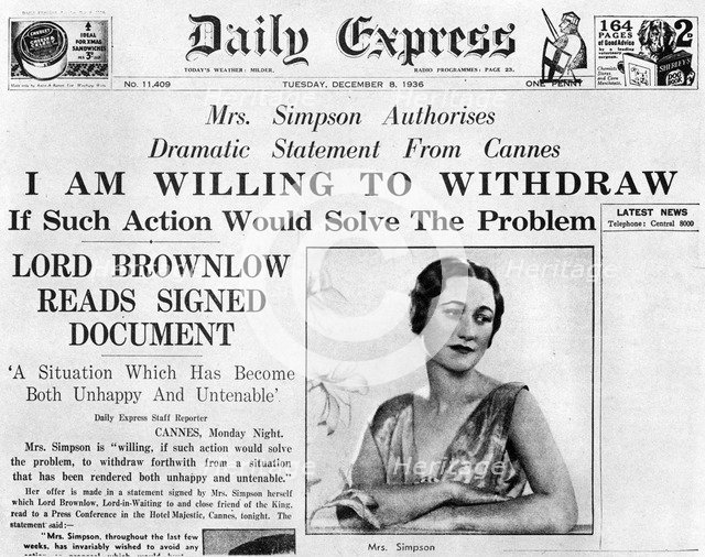Mrs Simpson offers to 'withdraw', 8 December 1936. Artist: Unknown
