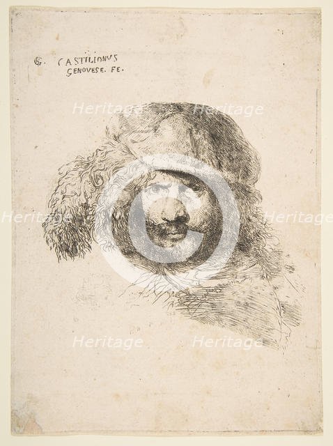 Head of a man wearing a feathered cap (possibly Bernini, possibly a self portrait..., ca. 1645-1650. Creator: Giovanni Benedetto Castiglione.