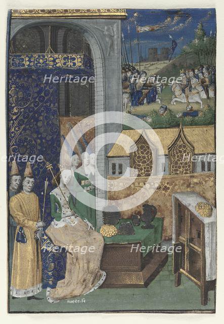 Single Miniature Excised from Boccaccio's Des Cleres et nobles femmes: Queen Medusa..., c. 1470. Creator: Maître François (French), circle of.