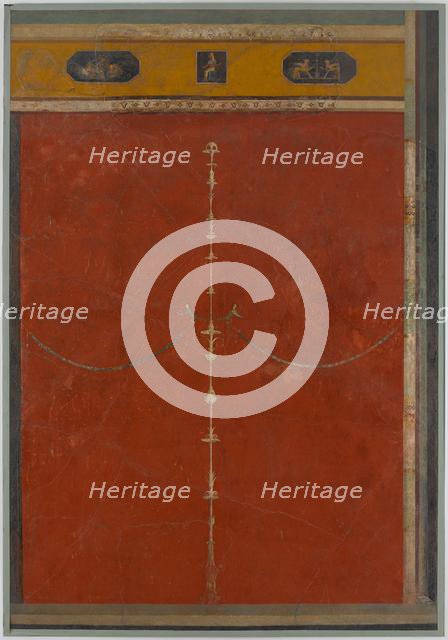 Wall painting on red ground: candelabrum with frieze, from the imperial villa..., 1st century B.C. Creator: Unknown.