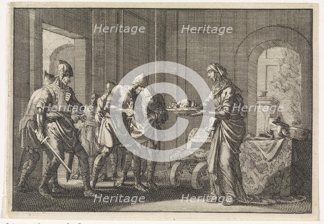 Mother shows warriors the remains of her eaten child during the famine in Jerusalem , 1704. Creator: Luyken, Jan (Johannes) (1649-1712).