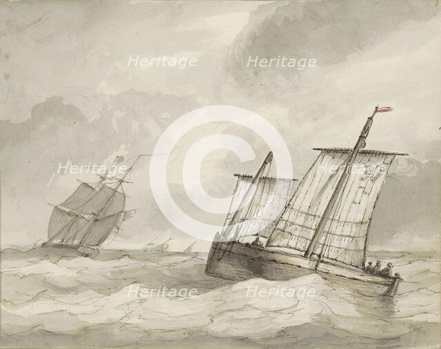 Sailing ships on a turbulent sea, c.1825-c.1875. Creator: Circle of Petrus Johannes Schotel.