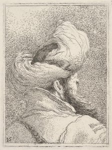 Bearded man wearing a turban, depicted in bust length from behind in three-quarters vi..., ca. 1770. Creator: Giovanni Battista Tiepolo.