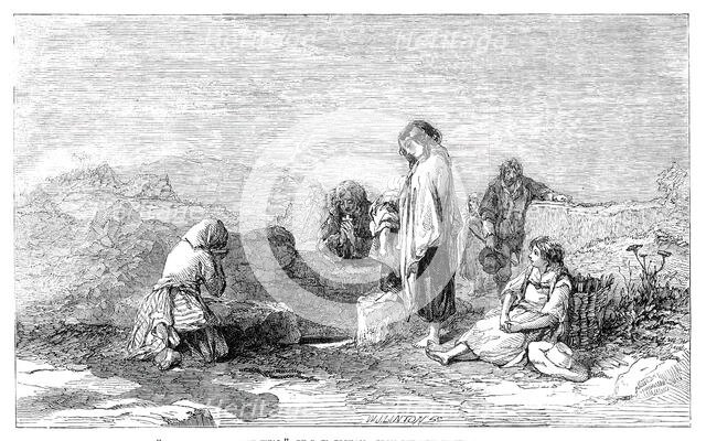 Pilgrims to the Holy Well - by F.W. Topham - from the new water colour exhibition, 1845. Creator: W. J. Linton.