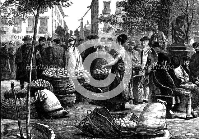 Spanish Sketches: the fruit market, Malaga, 1873. Creator: Unknown.