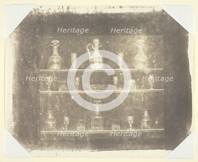 Articles of Glass on Three Shelves, c. 1844. Creator: William Henry Fox Talbot.