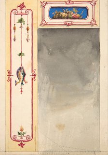 Design for panels framing a mirror decorated with scrolls and clusters of fish and vegetables, 1830- Creators: Jules-Edmond-Charles Lachaise, Eugène-Pierre Gourdet.