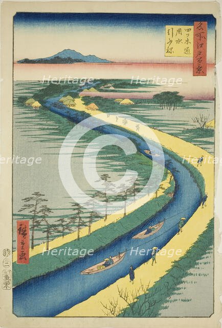 Towboats along the Yotsugidori Canal (Yotsugidori yosui hikifune), from the series "One..., 1857. Creator: Ando Hiroshige.