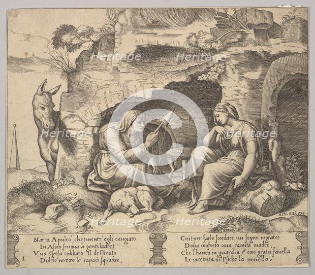 Plate 1: Apuleius changed into a donkey listening to the story told by the old woman sp..., 1520-70. Creator: Master of the Die.