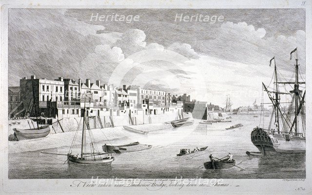 View near Limehouse Bridge, London, looking down the River Thames, 1751. Artist: John Boydell