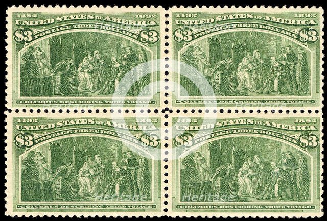 $3 Columbus Describing His Third Voyage block of four, 1893. Creator: Unknown.