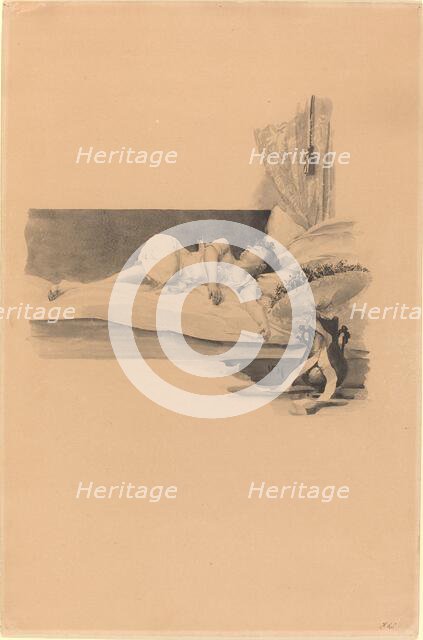 Illustration for "Jestrab Kontra Hrdlicka, XXII" (Girl asleep on a bed), c. 1890. Creator: Karel Vitezslav Masek.