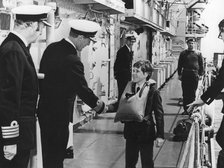 Viscount Linley shakes hands with Rear Admiral AD Cassidy on board HMS Fearless. Artist: Unknown