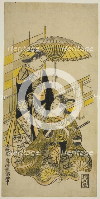 The Actors Ichikawa Monnosuke I as Kusunoki Masatsura and Arashi Wakano as Oyuki in the pl..., 1723. Creator: Okumura Toshinobu.