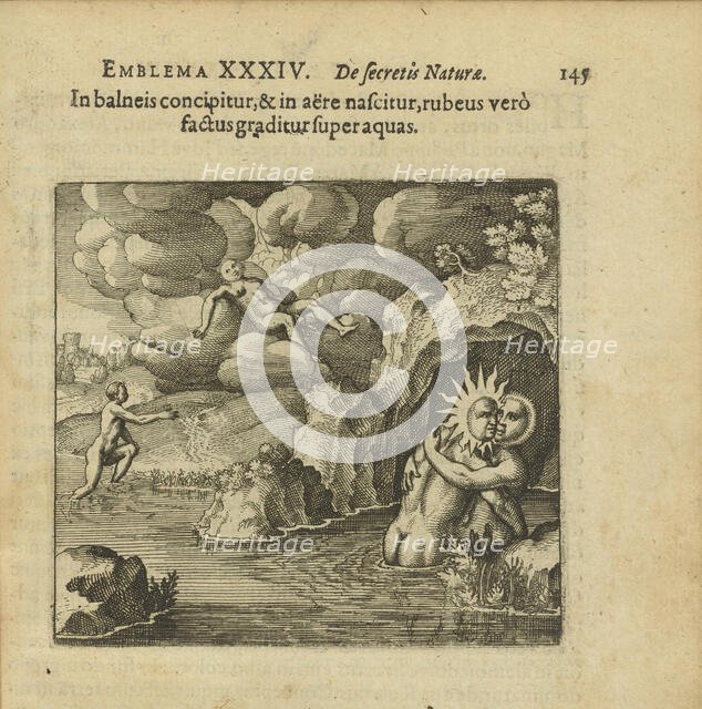 Emblem 34. He is conceived in a water bath and born in the air, but when he turns..., 1816. Creator: Merian, Matthäus, the Elder (1593-1650).