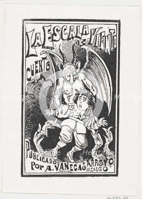 A demon holding a young boy by his shoulders over a group of vultures, illustrati..., ca. 1880-1910. Creator: José Guadalupe Posada.