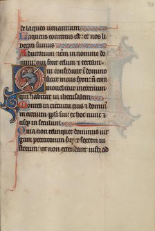 Initial O: A Man Holding a Sword and Pointing to His Eyes; Bute Psalter, about 1285. Creator: Bute Master.