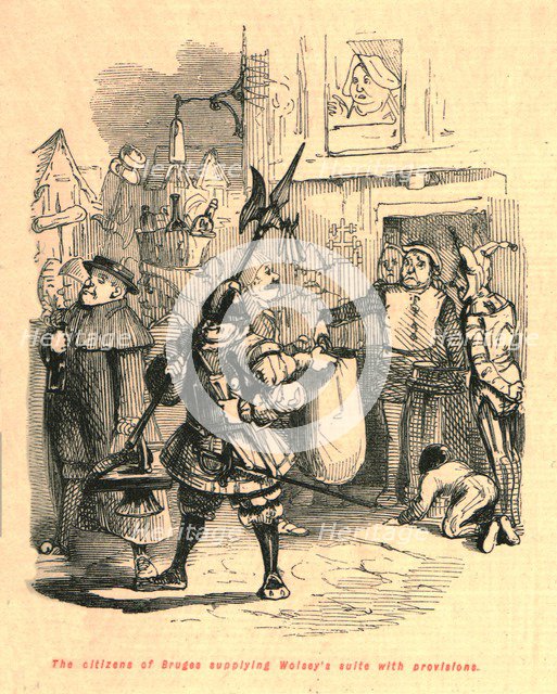 'The citizens of Bruges supplying Wolsey's suite with provisions', 1897. Creator: John Leech.