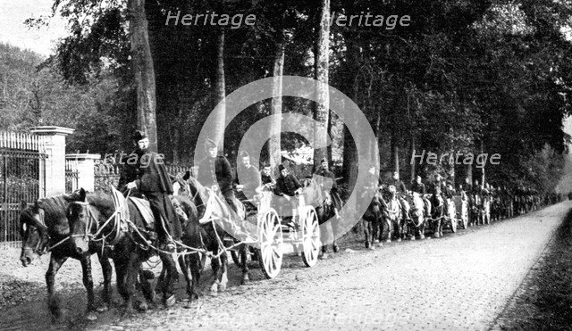 Belgian artillery avoiding German Taube planes, First World War, 1914. Artist: Unknown