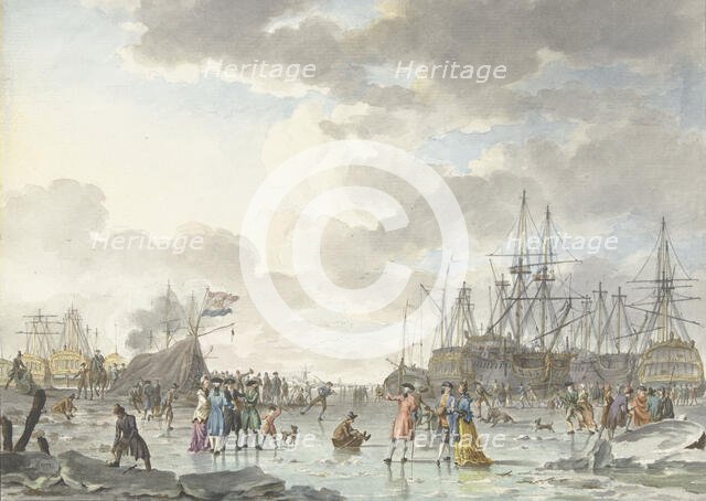 Frost Fair on a Frozen River with Ships, 1773. Creator: Hendrik Kobell.