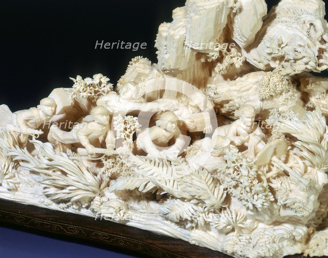 Ivory group of Red Guards with howitzer gun fording a stream, Cultural Revolution, China, 1967-1976. Artist: Unknown