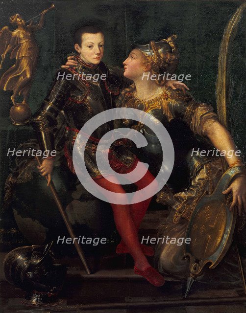 Allegorical Portrait of Parma Embracing Alessandro Farnese, 1556. Artist: Mazzola Bedoli, Girolamo (c. 1500-1569)