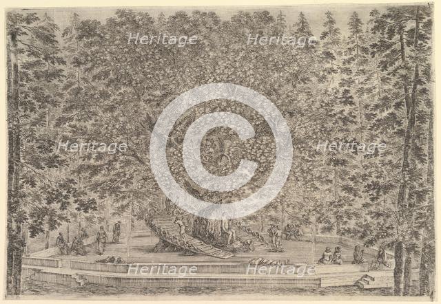 A large inhabited tree in center with ramps leading around the trunk, below a stone pa..., ca. 1653. Creator: Stefano della Bella.