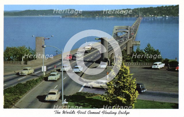 Lake Washington Floating Bridge, Seattle, Washington, USA, 1957. Artist: Unknown