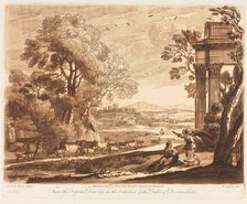 Liber Veritatis: No. 133, A Landscape, with Cattle, and the Angel Comforting Hagar, 1776. Creator: Richard Earlom (British, 1743-1822); John Boydell.