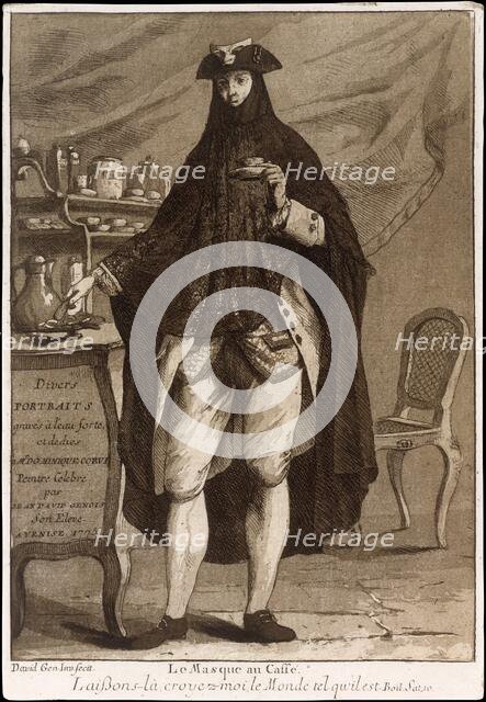 A man wearing a mask drinking a cup of coffee (Le Masque au Caffé), 1775. Creator: Giovanni David.