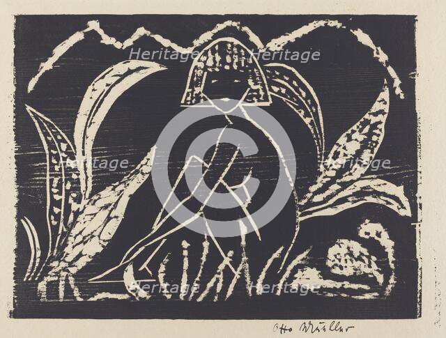 Nude Figure of a Girl in a Landscape (Madchenzwischen Blattpflanzen), 1912. Creator: Otto Mueller.