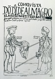 Gonzalo de Pizarro kills Diego de Almagro after defeating him in the battle of Salinas, illustrat…