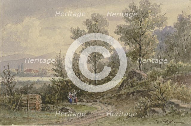 View from the forest towards a village and mountains, late 19th century. Creator: Jacob Hoffmann.