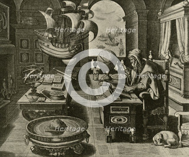 'A Navigating Expert at Work in His Study with Globe and Compass', c1591, (1928).  Creator: Unknown.