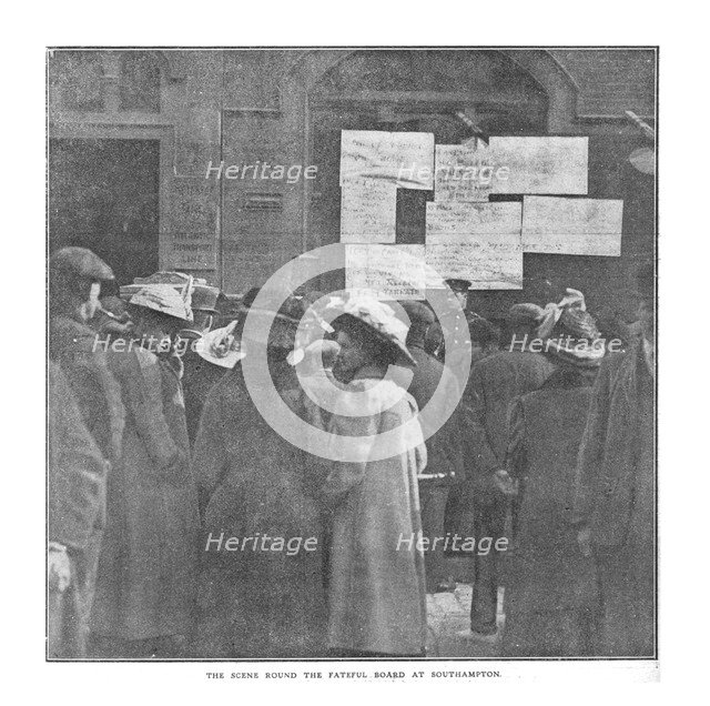 'The Scene Round the Fateful Board at Southampton', April 20, 1912. Creator: Unknown.