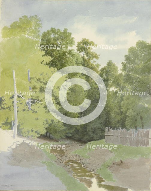 A fence along a A dry streambed at the edge of the forest, 1866. Creator: Carl Theodor Reiffenstein.