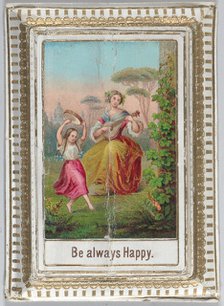 Mechanical box-shaped greeting card: dancing and bucolic scene, Cupid brings bouquets..., ca. 1875. Creator: Anon.