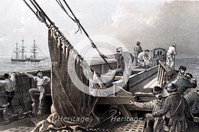 Laying the transatlantic telegraph cable, 1865 (1866). Artist: Unknown