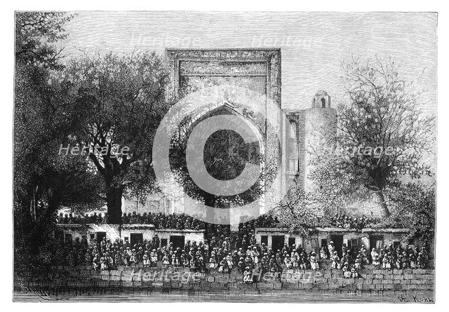 An assembly before the mosque in Bukhara, Uzbekistan, 1895.Artist: Armand Kohl