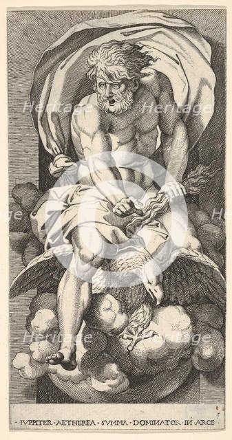 Plate 3: Jupiter emerging from a niche, riding an eagle and holding a thunderbolt in his l..., 1526. Creator: Giovanni Jacopo Caraglio.