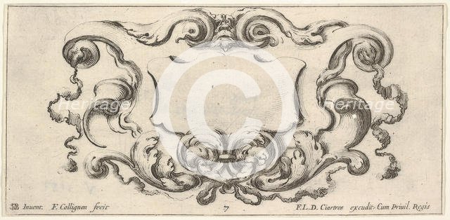 Plate 7: a cartouche with the mask of an ogre at top center, scrollwork to either s..., ca. 1640-45. Creator: Francois Collignon.