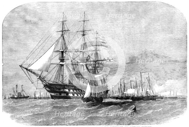 H.M.S. "Colossus", with the Gun-Boat Flotilla, leaving the Motherbank for Portland, 1856.  Creator: Smyth.