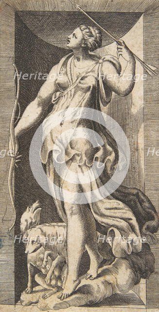 Diana the huntress acompanied by her dogs standing in a niche, 16th century., 16th century. Creator: Giulio Bonasone.